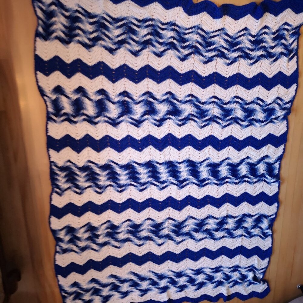 Handmade Crochet Afghan in Chevron or Ripple Pattern Royal Blue White & Blue Mix